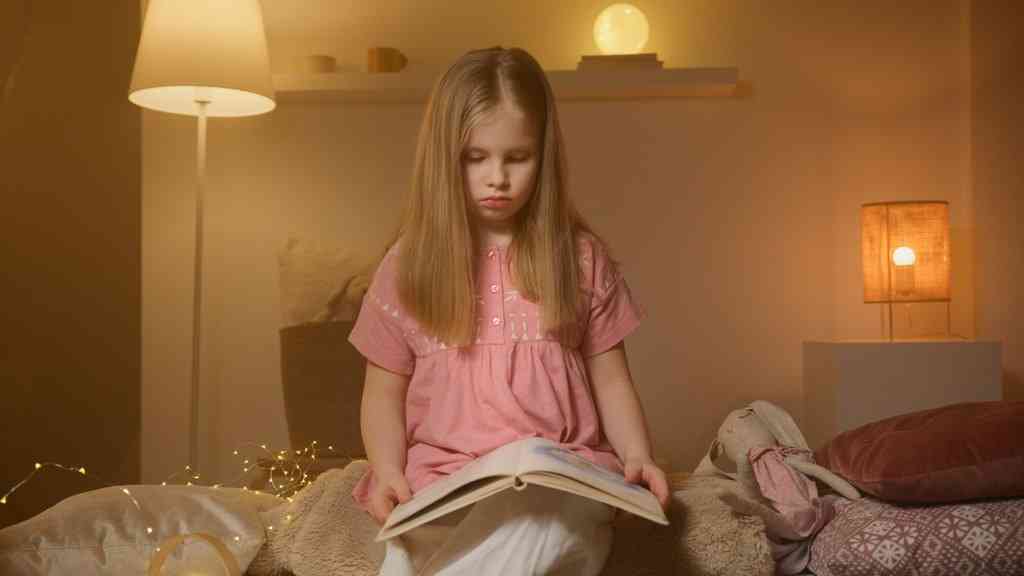 Девочка с книжкой в комнате с разным точечным освещением